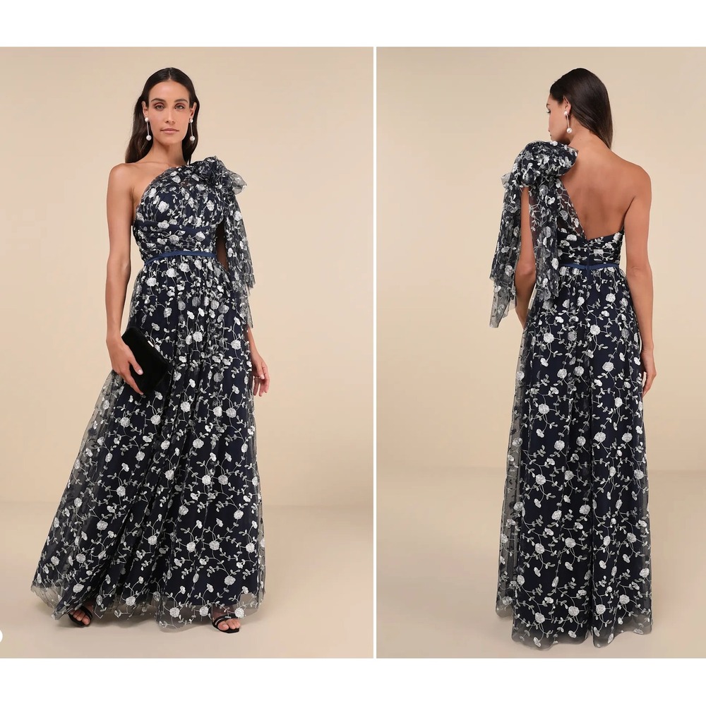 Lulus Whimsical Allure Navy Mesh Embroidered One-Shoulder Maxi Dress XS
